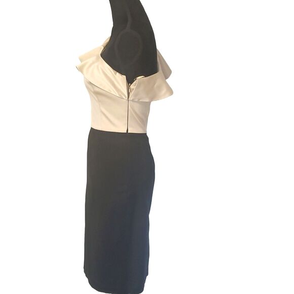 White House Black Market Tan Black One Shoulder Cocktail Dress Size 0 - Picture 5 of 6